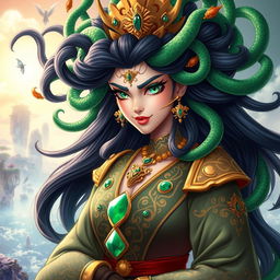 A majestic depiction of Queen Medusa, inspired by the style of donghua, featuring her with long, flowing dark hair intertwined with vibrant green snakes