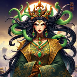 A majestic depiction of Queen Medusa, inspired by the style of donghua, featuring her with long, flowing dark hair intertwined with vibrant green snakes