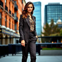 A European woman, aged between 30 and 45 years, elegantly dressed in a stylish outfit, standing confidently in an outdoor urban setting