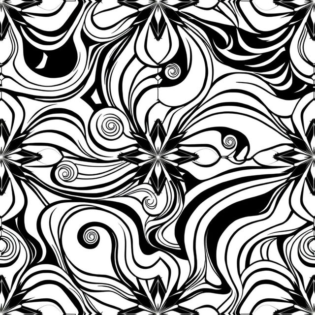 Create an aesthetically pleasing black and white line pattern featuring intricate geometric shapes and fluid, organic lines that flow harmoniously together