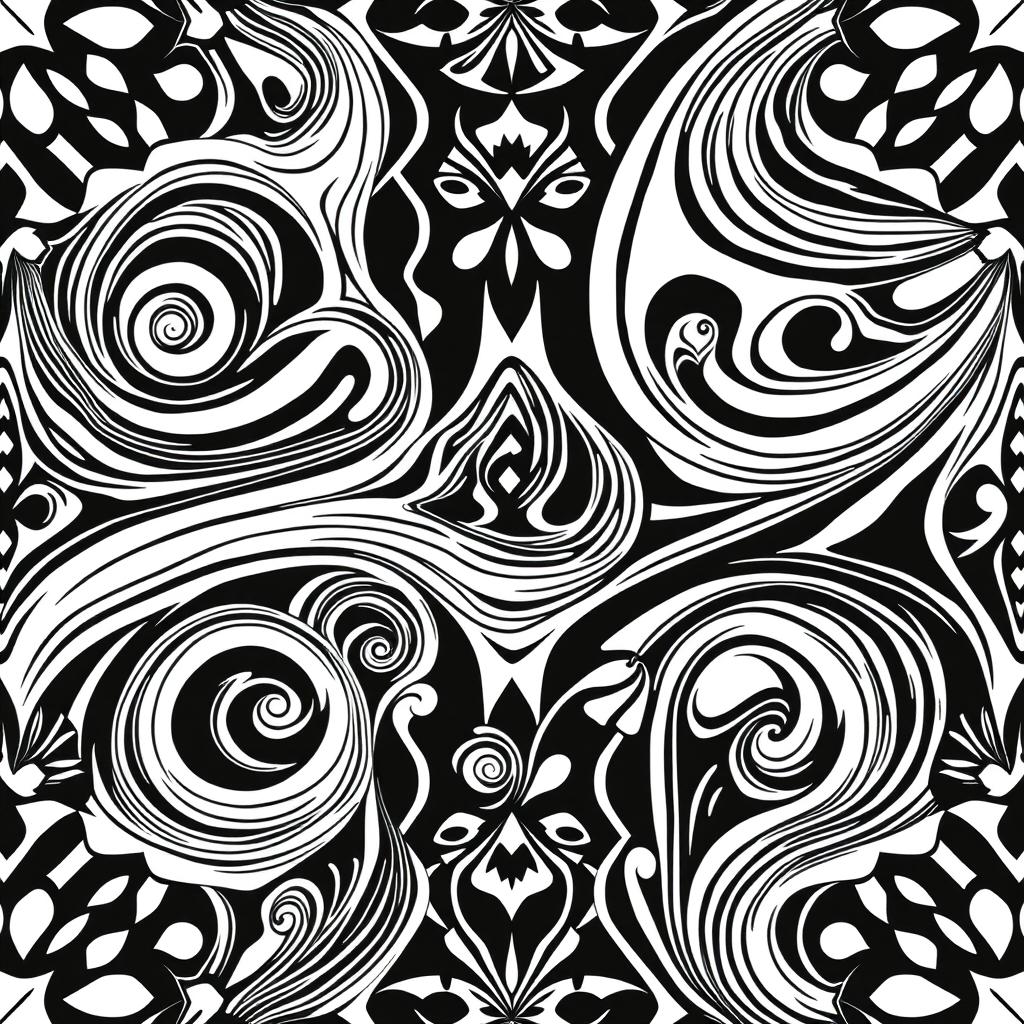 Create an aesthetically pleasing black and white line pattern featuring intricate geometric shapes and fluid, organic lines that flow harmoniously together