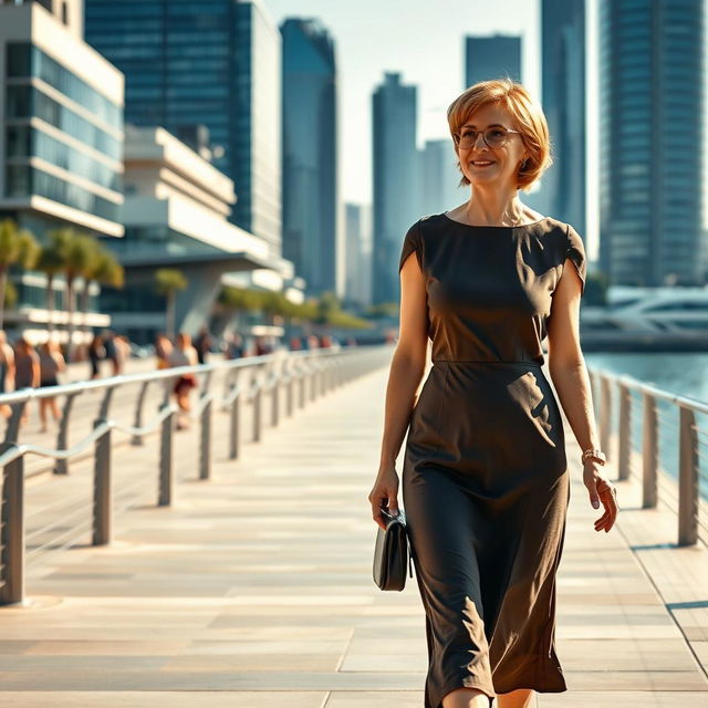 A full-length portrait of a beautiful Russian woman aged 45-50 with a chic short hairstyle, gracefully walking along an urban waterfront promenade