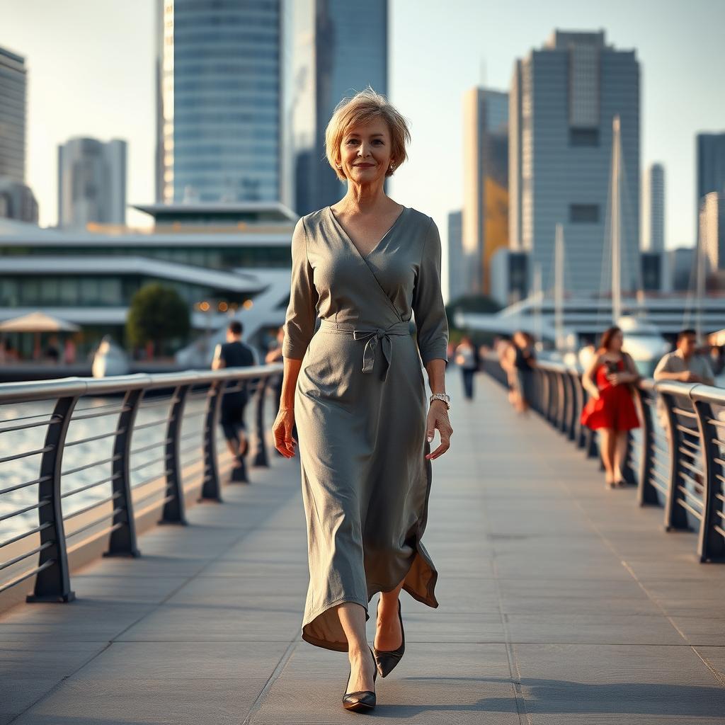 A full-length portrait of a beautiful Russian woman aged 45-50 with a chic short hairstyle, gracefully walking along an urban waterfront promenade