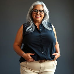 A 55-year-old Indian plus-size woman, depicted as a voluptuous and alluring cougar with a passionate expression