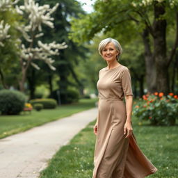 A full-length portrait of a beautiful Russian woman aged 45-50 with a chic short hairstyle, walking gracefully through a serene park