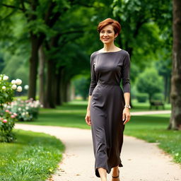 A full-length portrait of a beautiful Russian woman aged 45-50 with a chic short hairstyle, walking gracefully through a serene park