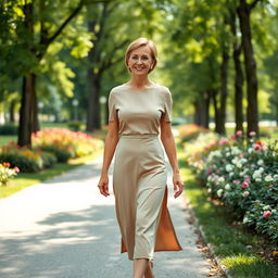 A full-length portrait of a beautiful Russian woman aged 45-50 with a chic short hairstyle, walking gracefully through a serene park