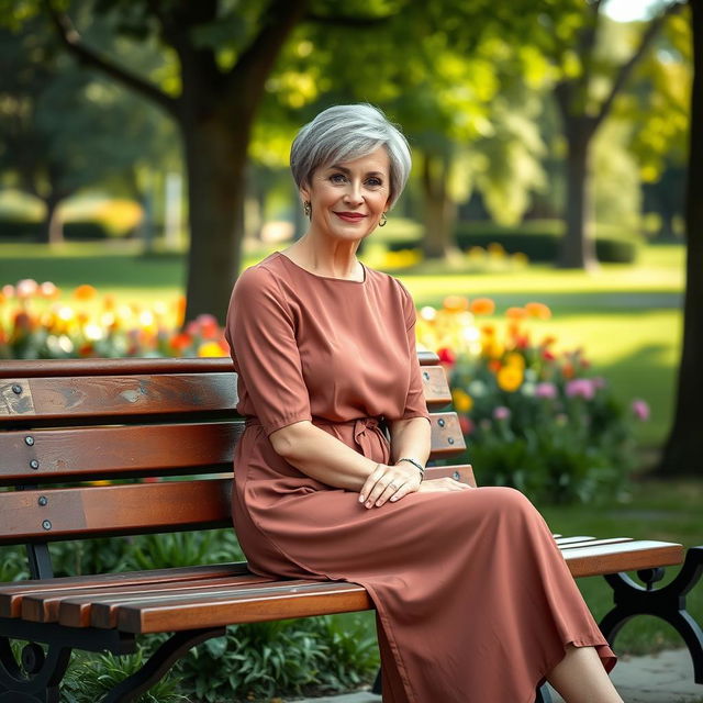 A full-length portrait of a beautiful Russian woman aged 45-50 with a chic short hairstyle, sitting gracefully on a park bench