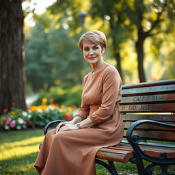 A full-length portrait of a beautiful Russian woman aged 45-50 with a chic short hairstyle, sitting gracefully on a park bench