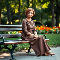 A full-length portrait of a beautiful Russian woman aged 45-50 with a chic short hairstyle, sitting gracefully on a park bench