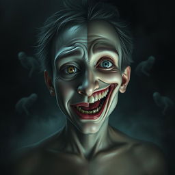 A surreal composition featuring a split-faced character, one side expressing deep sadness with teary eyes and a sorrowful expression, while the other side exhibits sheer happiness with a wide, manic grin and bright, sparkling eyes