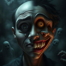 A surreal composition featuring a split-faced character, one side expressing deep sadness with teary eyes and a sorrowful expression, while the other side exhibits sheer happiness with a wide, manic grin and bright, sparkling eyes