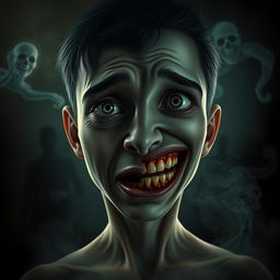 A surreal composition featuring a split-faced character, one side expressing deep sadness with teary eyes and a sorrowful expression, while the other side exhibits sheer happiness with a wide, manic grin and bright, sparkling eyes