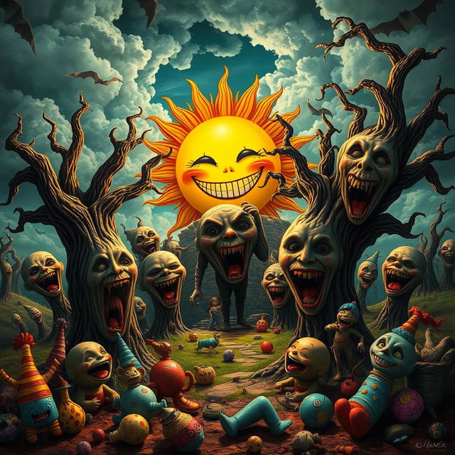 An eerie yet captivating scene combining happy faces with horror elements, featuring a bright, cheerful sun with an unsettling grin casting shadows on a twisted landscape