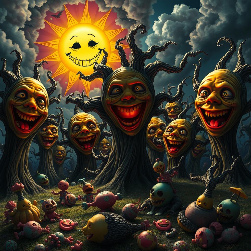 An eerie yet captivating scene combining happy faces with horror elements, featuring a bright, cheerful sun with an unsettling grin casting shadows on a twisted landscape