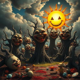 An eerie yet captivating scene combining happy faces with horror elements, featuring a bright, cheerful sun with an unsettling grin casting shadows on a twisted landscape