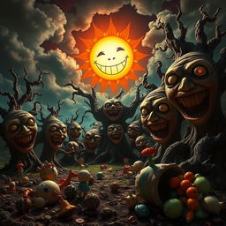 An eerie yet captivating scene combining happy faces with horror elements, featuring a bright, cheerful sun with an unsettling grin casting shadows on a twisted landscape