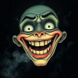 A surreal illustration of a face that combines elements of happiness and horror, showcasing a wide, exaggerated smile with gleaming teeth, large, expressive eyes slightly bulging, and an unsettling overall appearance