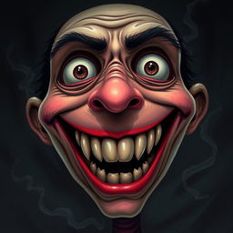 A surreal illustration of a face that combines elements of happiness and horror, showcasing a wide, exaggerated smile with gleaming teeth, large, expressive eyes slightly bulging, and an unsettling overall appearance