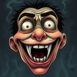 A surreal illustration of a face that combines elements of happiness and horror, showcasing a wide, exaggerated smile with gleaming teeth, large, expressive eyes slightly bulging, and an unsettling overall appearance