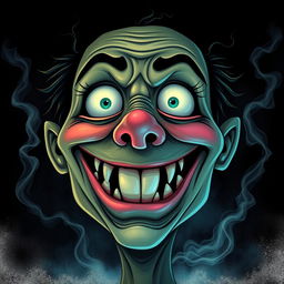A surreal illustration of a face that combines elements of happiness and horror, showcasing a wide, exaggerated smile with gleaming teeth, large, expressive eyes slightly bulging, and an unsettling overall appearance