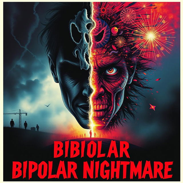 A visually striking horror poster that explores the theme of bipolar disorder, featuring a dramatic split-face design