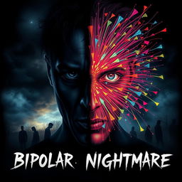 A visually striking horror poster that explores the theme of bipolar disorder, featuring a dramatic split-face design