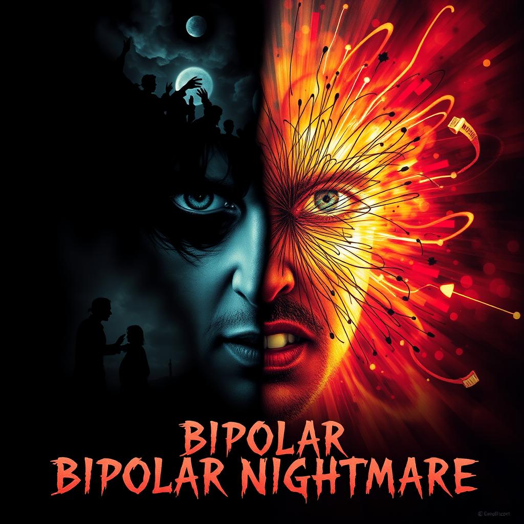 A visually striking horror poster that explores the theme of bipolar disorder, featuring a dramatic split-face design