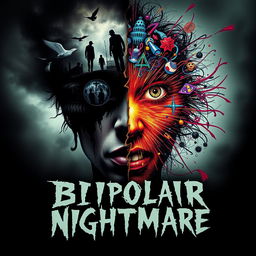 A visually striking horror poster that explores the theme of bipolar disorder, featuring a dramatic split-face design