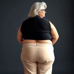 A 55-year-old Indian plus-size woman, portrayed from a backside view, showcasing her sensual and buxom figure