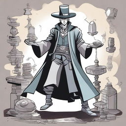 A comic-style illustration of a Steel Magician in an RPG world, surrounded by metallic constructs shaped by his magic.