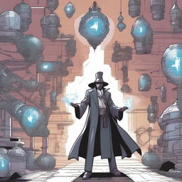 A comic-style illustration of a Steel Magician in an RPG world, surrounded by metallic constructs shaped by his magic.