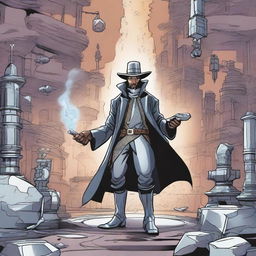 A comic-style illustration of a Steel Magician in an RPG world, surrounded by metallic constructs shaped by his magic.