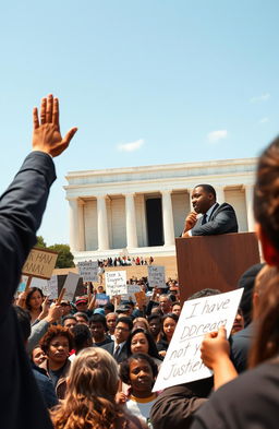 A powerful and inspiring scene depicting a diverse crowd gathered at the Lincoln Memorial, listening intently to Martin Luther King Jr