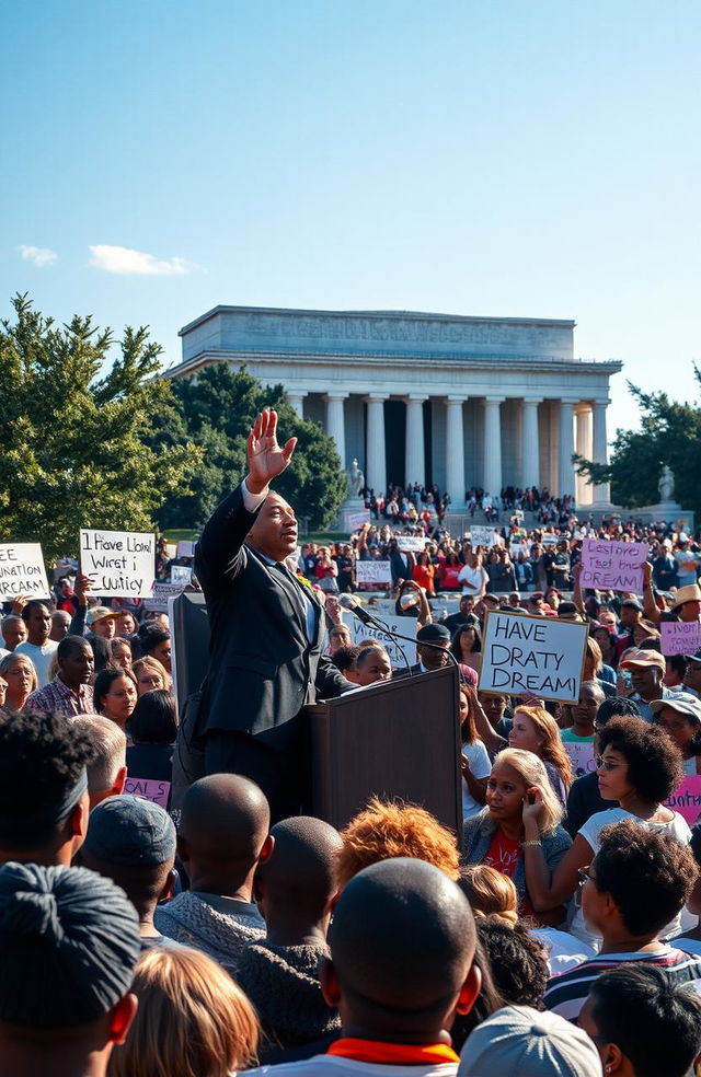 A powerful and inspiring scene depicting a diverse crowd gathered at the Lincoln Memorial, listening intently to Martin Luther King Jr