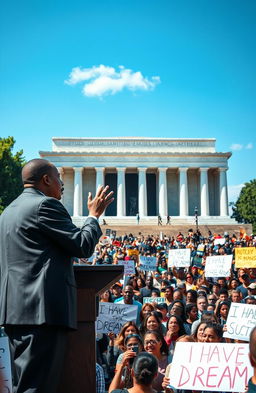 A powerful and inspiring scene depicting a diverse crowd gathered at the Lincoln Memorial, listening intently to Martin Luther King Jr