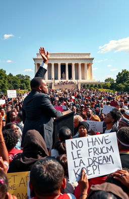 A powerful and inspiring scene depicting a diverse crowd gathered at the Lincoln Memorial, listening intently to Martin Luther King Jr