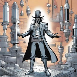 A comic-style illustration of a Steel Magician in an RPG world, surrounded by metallic constructs shaped by his magic.