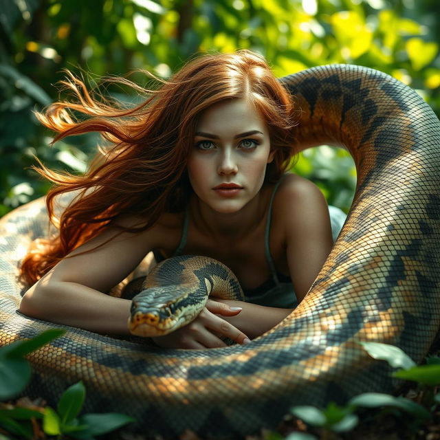 A stunning scene portraying a young woman named Emily laying on the ground on her stomach, with a giant reticulated python gracefully coiled around her