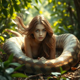A stunning scene portraying a young woman named Emily laying on the ground on her stomach, with a giant reticulated python gracefully coiled around her