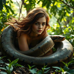 A stunning scene portraying a young woman named Emily laying on the ground on her stomach, with a giant reticulated python gracefully coiled around her