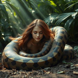 A captivating image of a young woman named Emily lying on the ground on her stomach, gently embraced by a giant reticulated python that is gracefully coiled around her