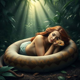 A captivating image of a young woman named Emily lying on the ground on her stomach, gently embraced by a giant reticulated python that is gracefully coiled around her