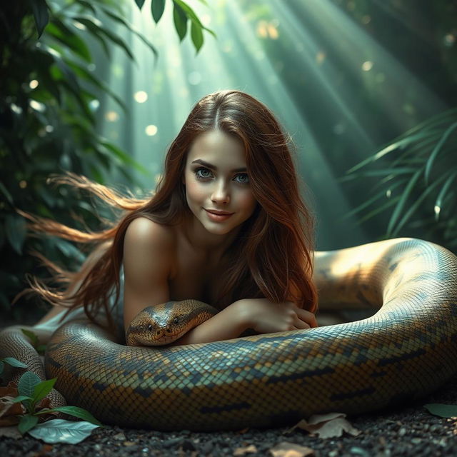 A captivating image of a young woman named Emily lying on the ground on her stomach, gently embraced by a giant reticulated python that is gracefully coiled around her