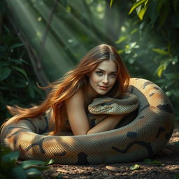 A captivating image of a young woman named Emily lying on the ground on her stomach, gently embraced by a giant reticulated python that is gracefully coiled around her