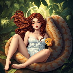 An artistic and surreal depiction of a young woman named Emily lying on her back on the ground, with slightly spread legs, while a giant reticulated python gracefully coils around her