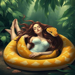An artistic and surreal depiction of a young woman named Emily lying on her back on the ground, with slightly spread legs, while a giant reticulated python gracefully coils around her
