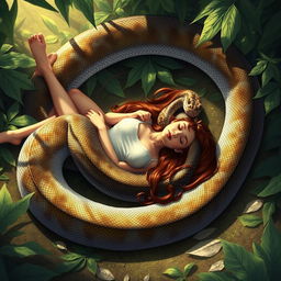 An artistic and surreal depiction of a young woman named Emily lying on her back on the ground, with slightly spread legs, while a giant reticulated python gracefully coils around her
