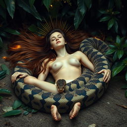 A surreal and captivating image of a young woman named Emily lying on her back on the ground with slightly spread legs, as a giant reticulated python elegantly coils around her