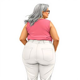 A 55-year-old Indian plus-size woman, illustrated from a behind view, capturing her sensual and buxom figure